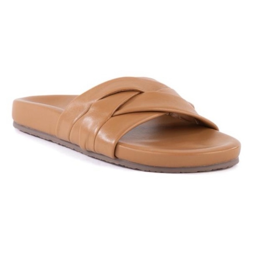 Seychelles "Show Me Love" Tan Camel Leather Slide Sandals Size 8 EUC